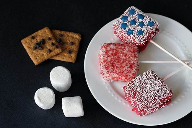 Patriotic color S'mores Pops with Sticks in a white plate