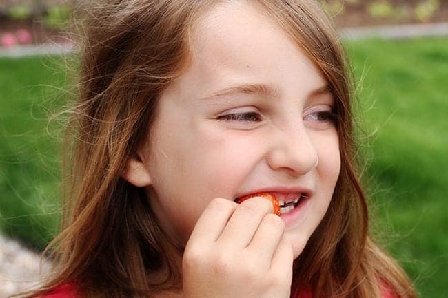 young girl enjoying a bite of fresh strawberry