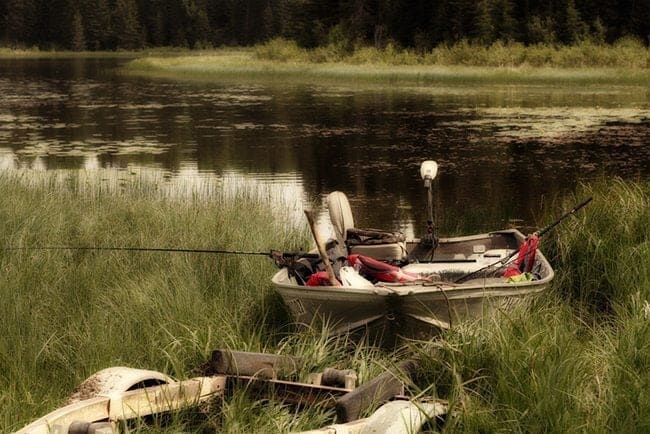 boat trailer in the shallows of the lake