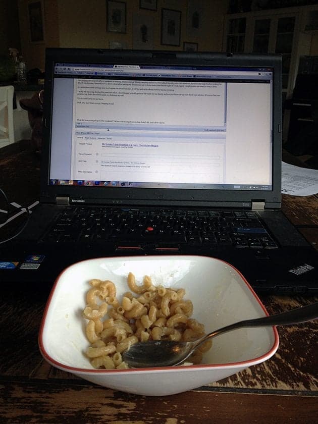 macaroni in a bowl in front of laptop for Sunday dinner