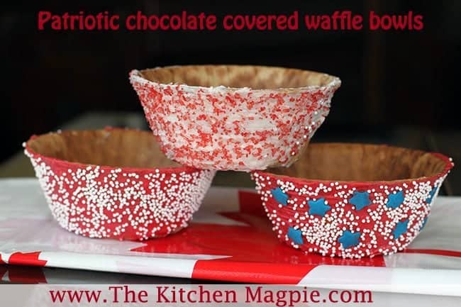 Close up of Three Pieces Patriotic Chocolate Covered Waffle Bowls