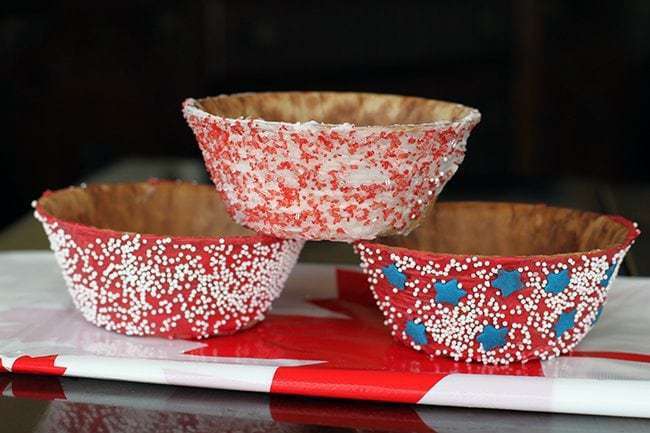 Close up of Three Pieces Patriotic Chocolate Covered Waffle Bowls
