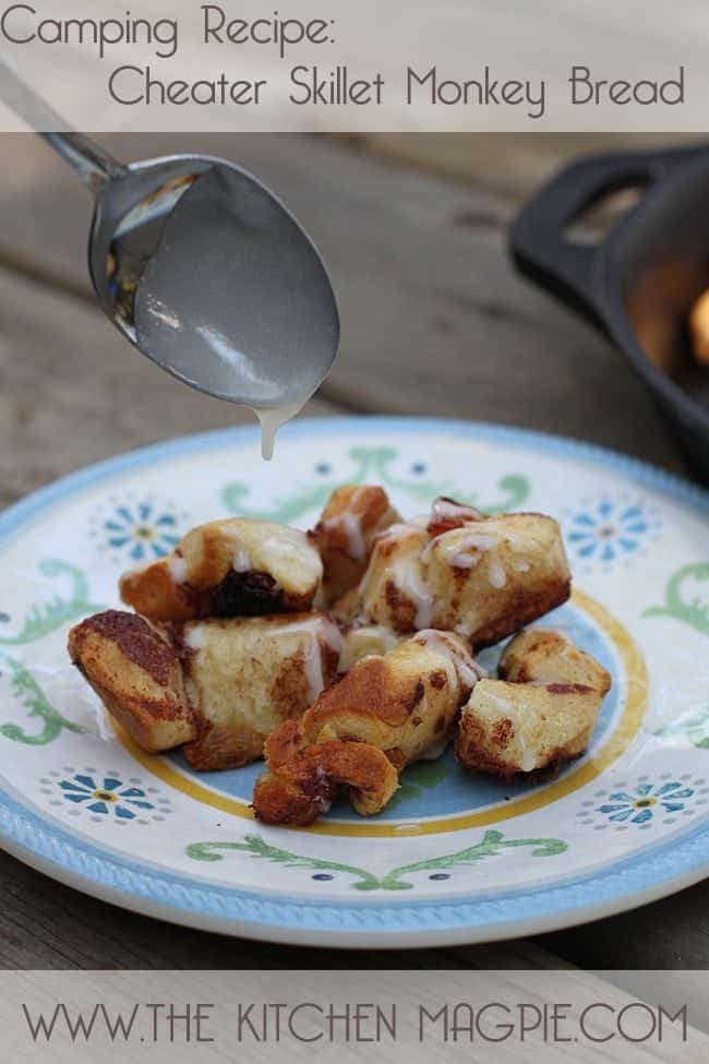 adding icing to slices of cheater skillet monkey bread in a plate