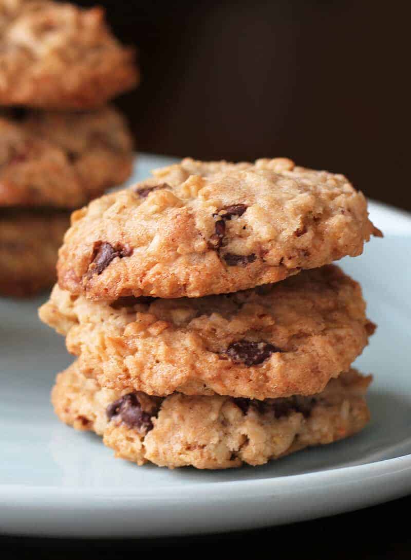 close up stack of Oatmeal Chocolate Chip Cookies in a white plate