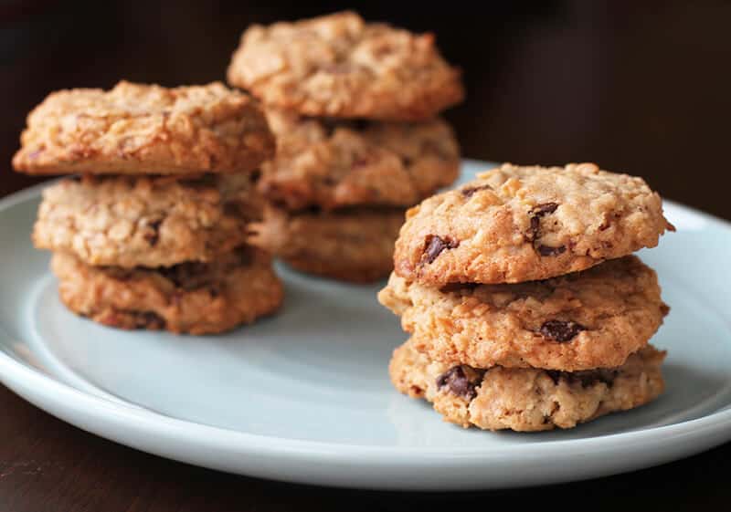 stacks of Oatmeal Chocolate Chip Cookies in a white plate