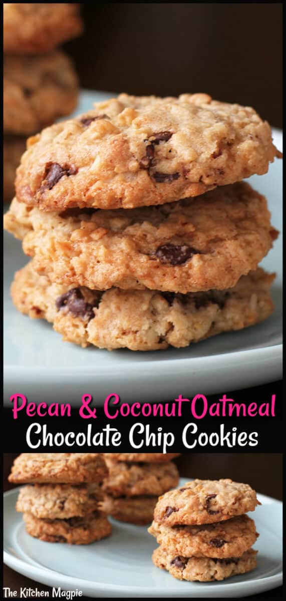 Delicious Pecan, Coconut Oatmeal Chocolate Chip Cookies!. This is a great way to jazz up oatmeal chocolate chip cookies! #cookies #oatmeal #chocolate #pecan #coconut