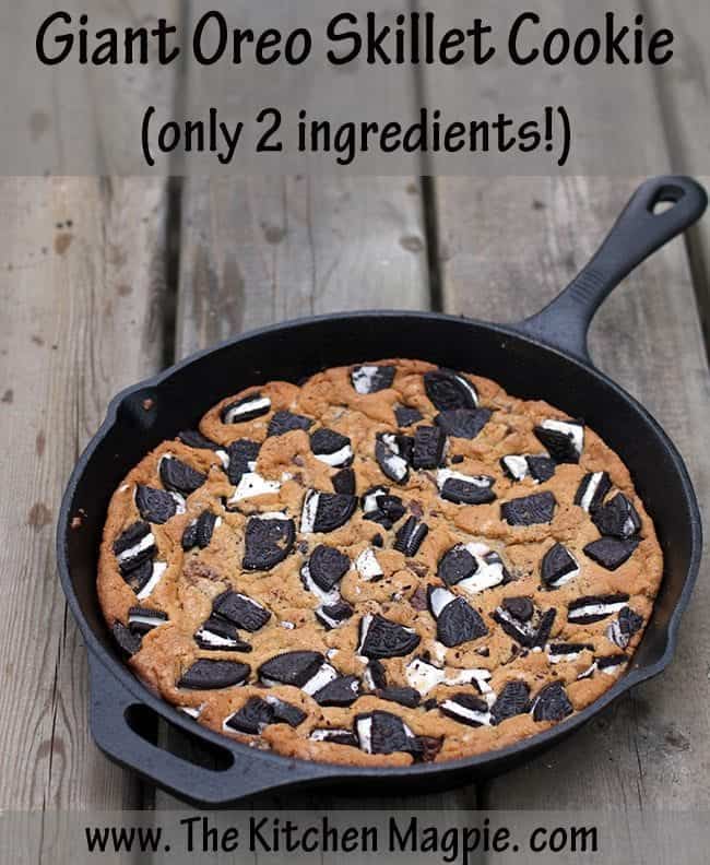 Two ingredients make up the yummiest skillet cookie ever! We make this Oreo Skillet while camping! #cookies #oreos #camping