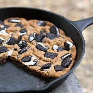 Giant Oreo Skillet Cookie in Wood Background