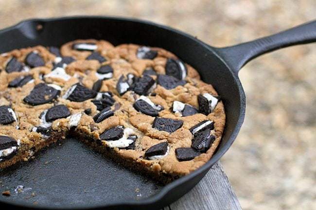 Giant Oreo Skillet Cookie in Wood Background