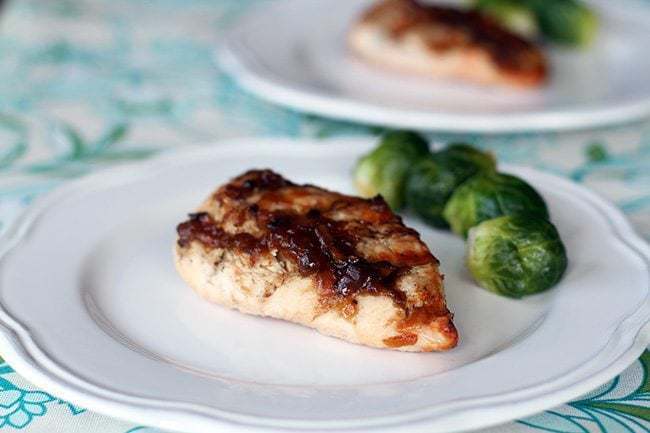 White Plate with Bourbon Bacon Jam Chicken and Brussels Sprout