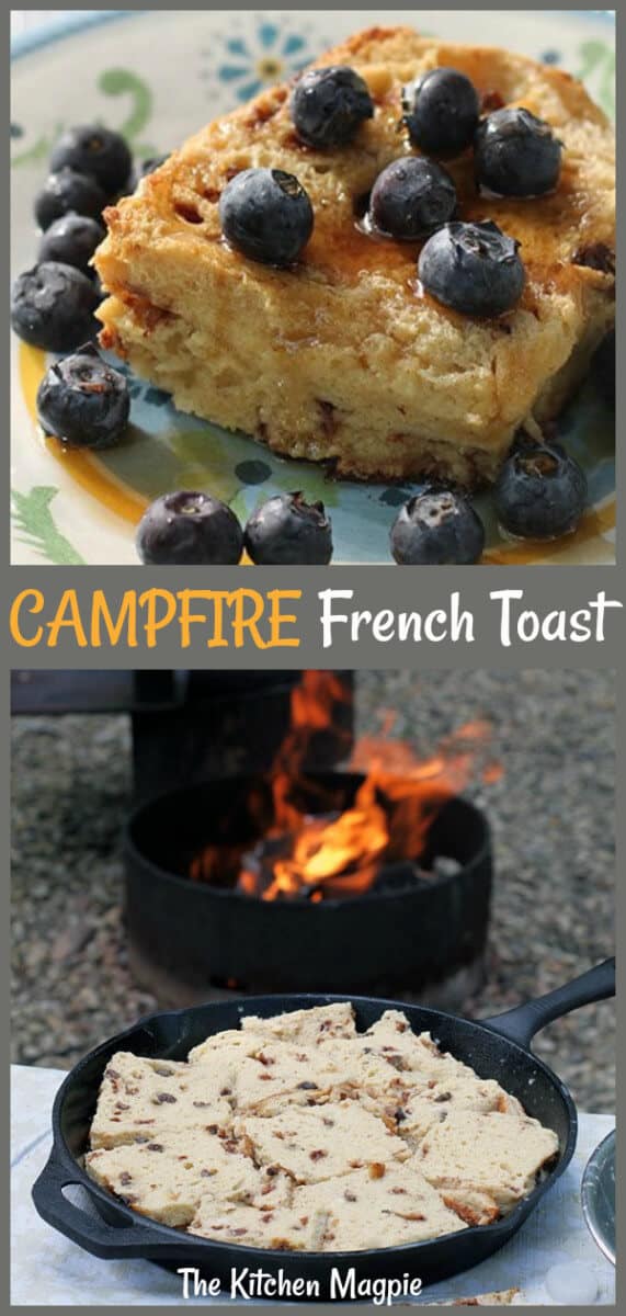 Easy skillet baked French Toast recipe that you can make over the campfire while you are camping. #camping #frenchtoast #castiron #skillet #breakfast