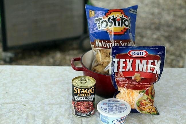 camping recipe ingredients - non fat cream cheese, a can of Staggs classic chili, Tex Mex cheese and multigrain scoops chips