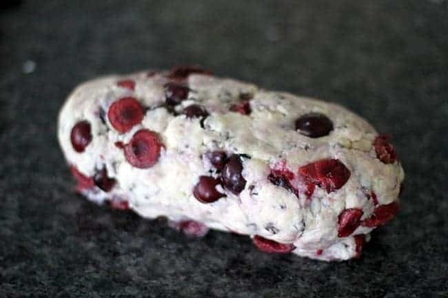 Chocolate Cherry Scones dough shaped into a log