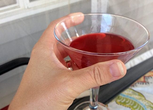  holding a glass of Raspberry Vodka Martini