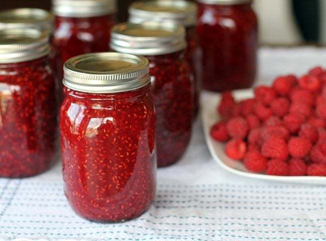 Sealed Jars of Homemade Raspberry Jam