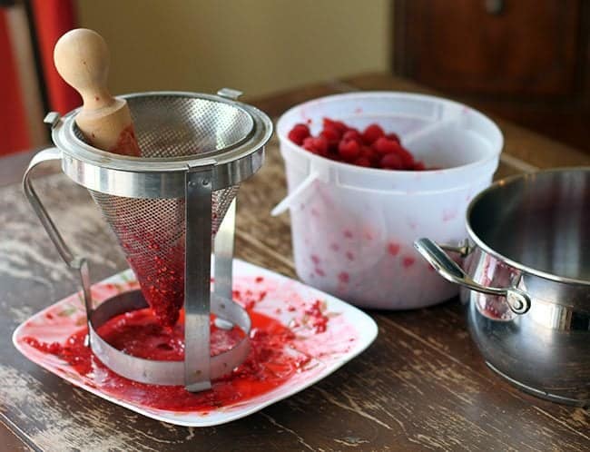 removing the seeds of fresh raspberries using a chinois