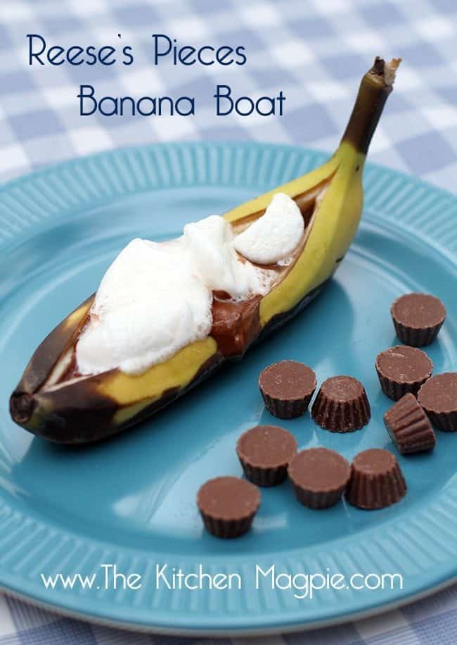 Close up of Reese's Peanut Butter Cup Banana Boat in blue plate