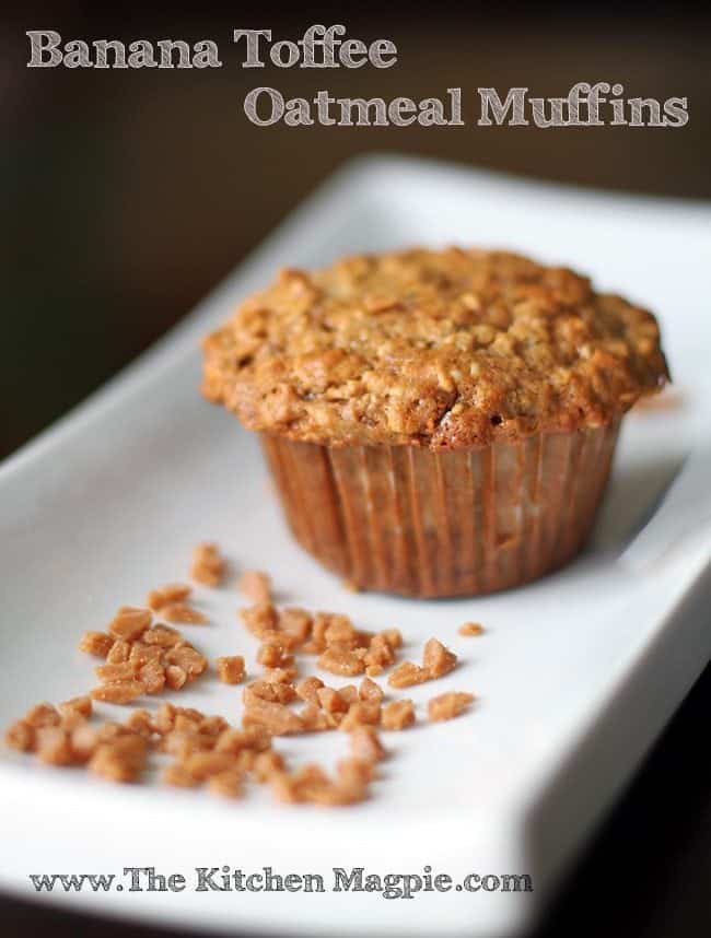 close up piece of Oatmeal Banana Muffin in a rectangular white plate with Skor bits