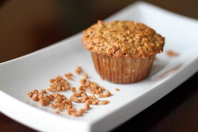 Oatmeal Banana Muffins in a rectangular white plate with Skor bits