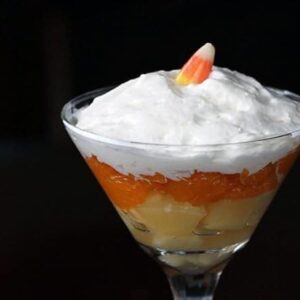close up of Healthy Halloween Candy Corn Fruit Martini