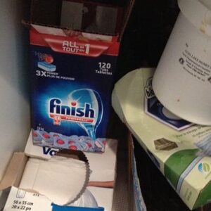 Finish brand dish washing products under the sink