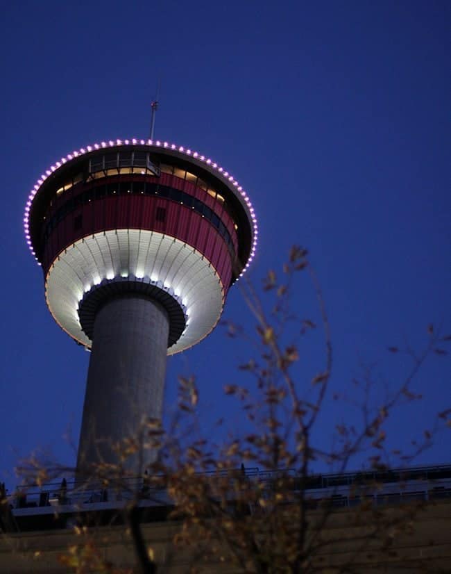 close up of Calgary tower with lights