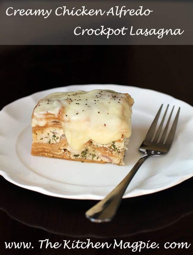 Creamy Chicken Alfredo Crockpot Lasagna in White Plate