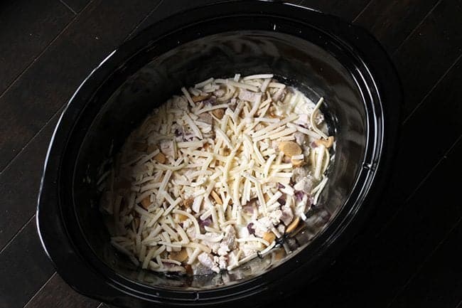 Crockpot with layer of lasagna noodles covered with cheese on top