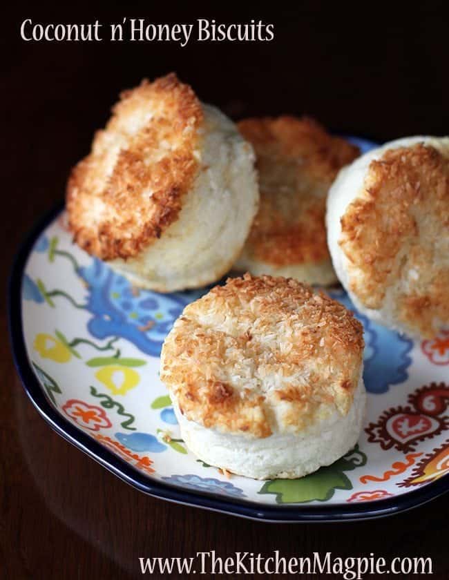 close up of Honey & Coconut Biscuits in a colorful small plate