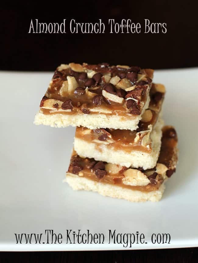 close up of almond crunch toffee bars
