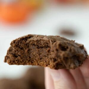 close up piece of Double Chocolate Chip Pumpkin Cookie showing the inside