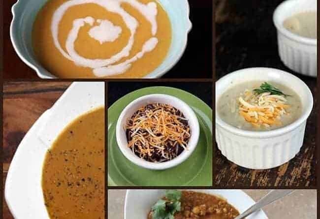 collage of five easy soups for fall