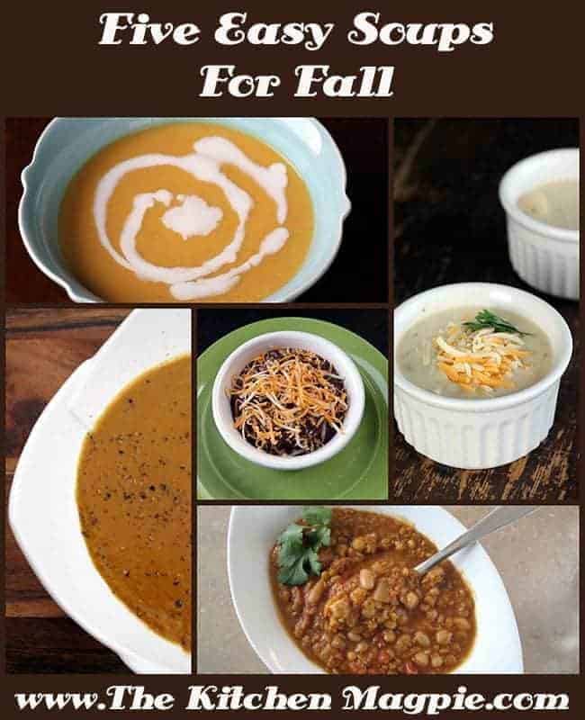 collage of five easy soups for fall