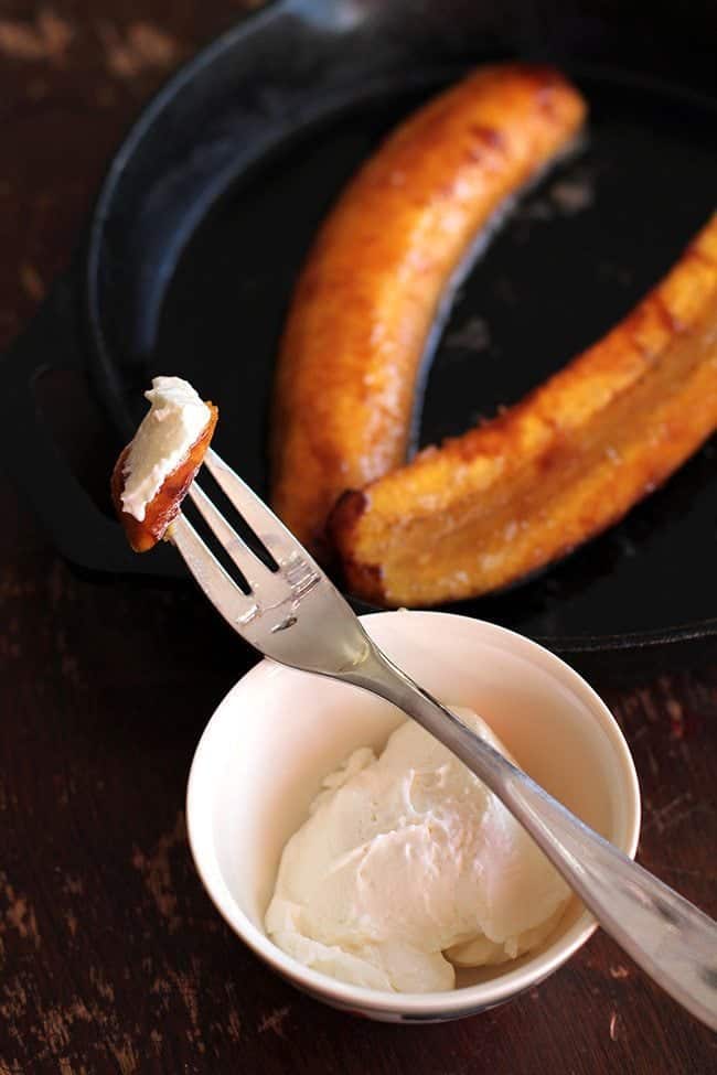 Fried Plantains with brown sugar dipped in sour cream