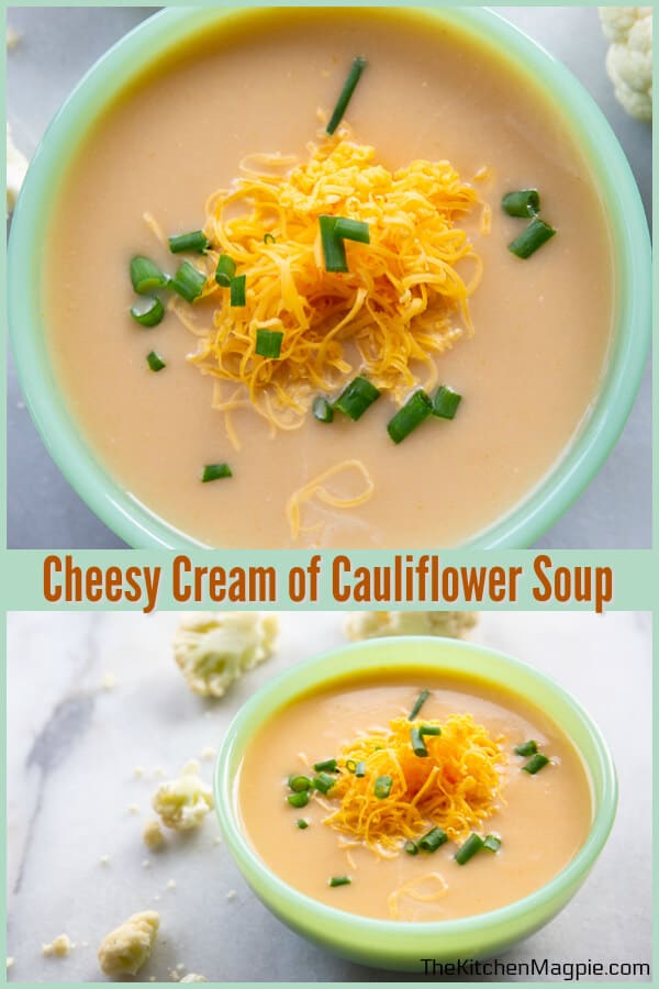 Decadent cheesy cream of cauliflower soup, sure to warm your belly on a chilly day! Make this low carb by leaving out the flour as a thickener. #cauliflower #soup #cheese #lowcarb #keto