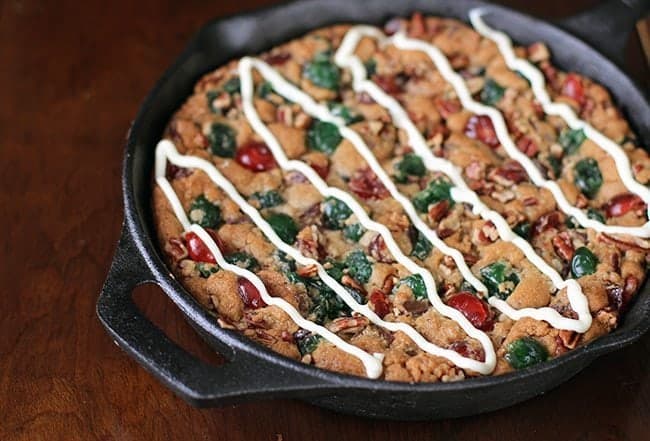 baked Chocolate Chip Skillet Cookie with melted white chocolate on top