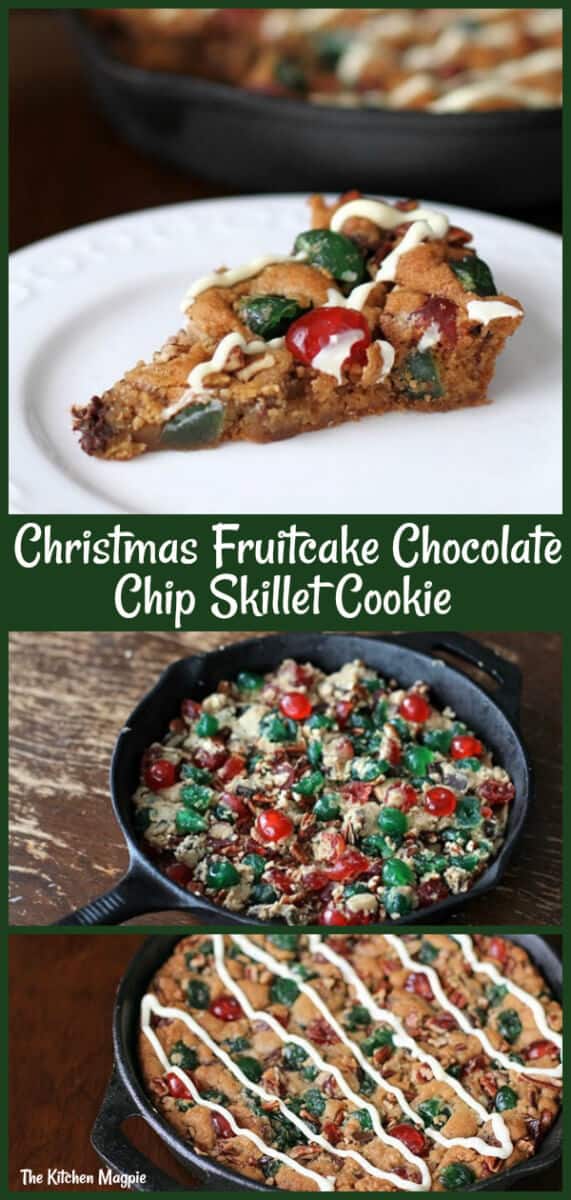 Easy and delicious 4 ingredient Christmas Fruitcake Chocolate Chip Skillet cookie. #christmas #cookie #fruitcake