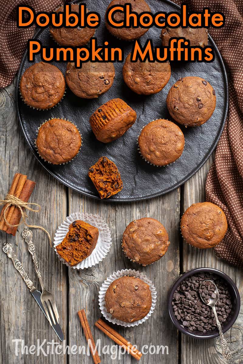 double chocolate pumpkin muffins, cinnamon sticks and chocolate chips on wooden background with polka dot brown tablecloth