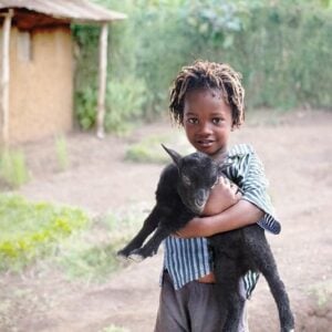 young kid carrying a black baby goat