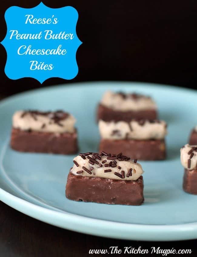 Close up of Reese's Peanut Butter Cheesecake Bites in a Blue Plate