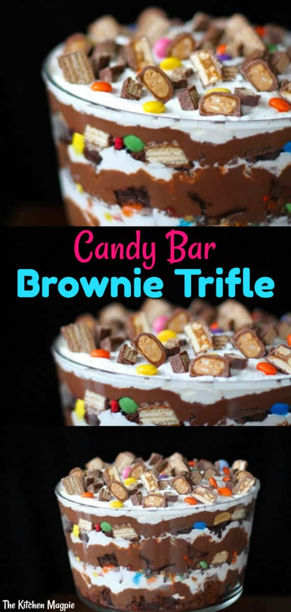 Decadent Candy Bar brownie trifle, one seriously delicious chocolate dessert! This is a great way to use up Halloween treats or a crazy decadent party trifle! 