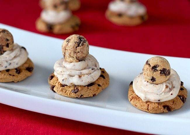 Chocolate Chip Cookie Cheesecake Bites in a rectangular white plate