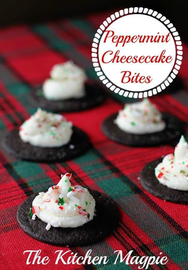 Close up of Peppermint Cheesecake Bites in Checkered Christmas Cloth