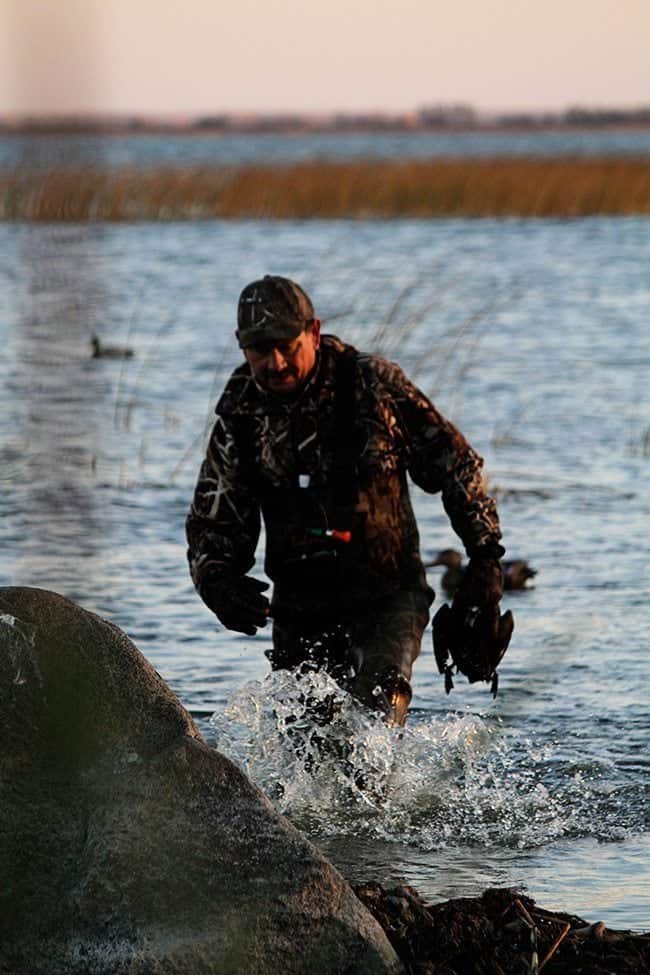 man in duck hunting gear fetched the fallen ducks from the water
