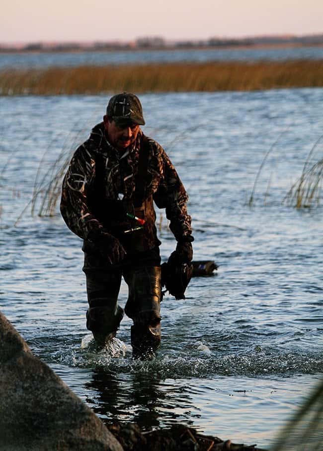 man in duck hunting gear fetched the fallen ducks