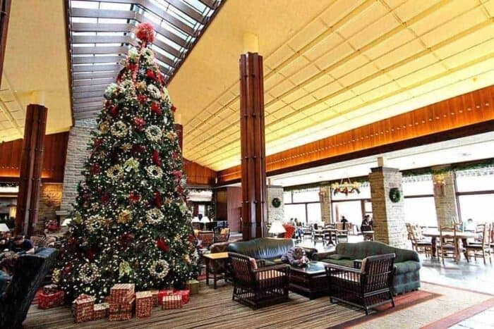 Tall Christmas tree at Fairmont Jasper Lodge