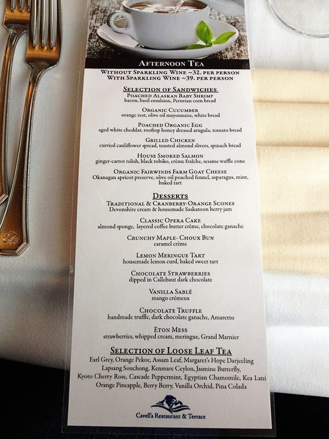 Fairmont Jasper Park Lodge afternoon tea menu at Cavell's restaurant