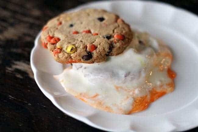 cookie chips with melted cream in a white plate