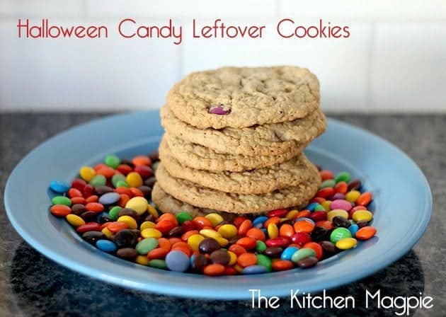 Stack of Baked Halloween candy into cookies in a plate with colorful M&M