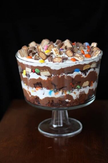 Brownie Trifle topped with chopped candy and chocolate bars
